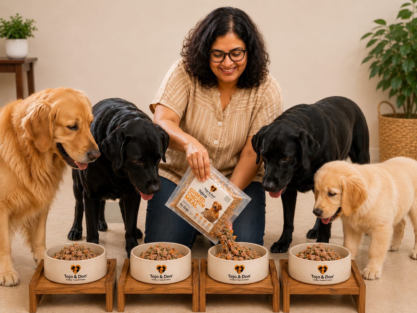 Canine nutritionist Rati Saxena with (L-R)- Tojo, Candy, Don, Fido relishing on her new cooked meals